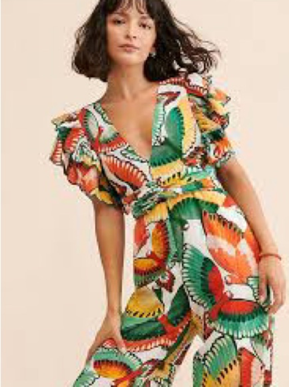 FARM Rio Ruffled Floral Jumpsuit in Green, Orange, Yellow, Cream